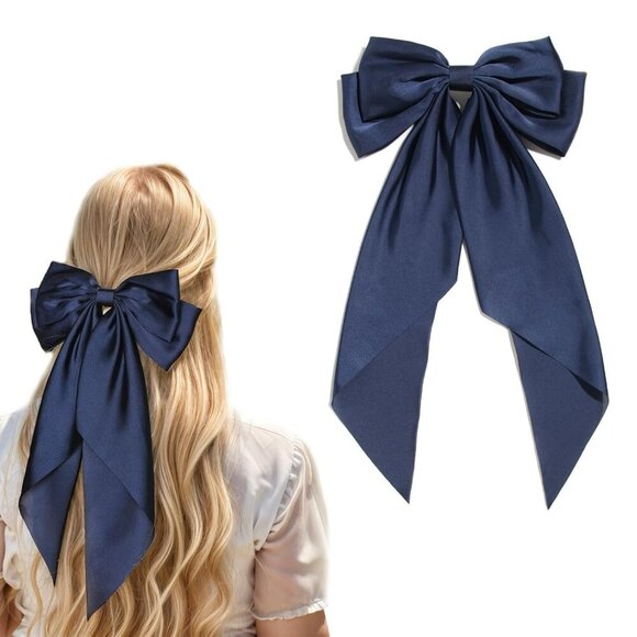 Accessories - Satin Bow Barrettes and Long Ribbon Navy Hair Pins for Girls and Women - Party H